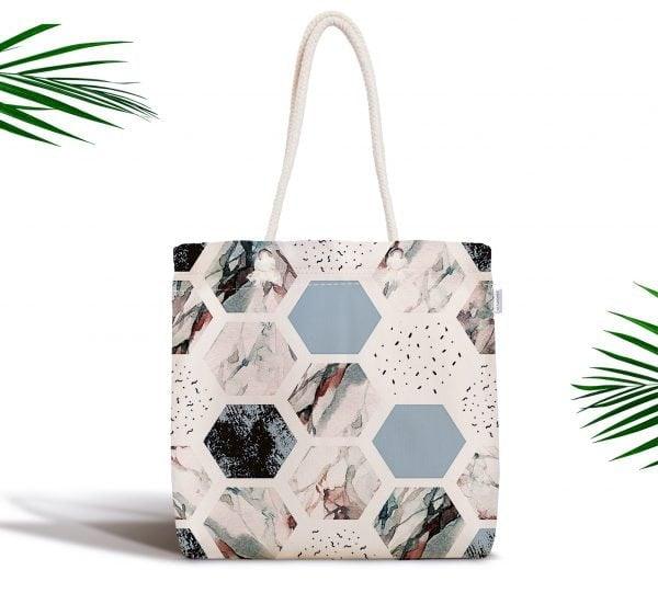 Marble Pattern Fabric Shoulder Bag|Special Geometric Design Handbag|Beach Tote Bag|Daily Shoulder Bag with Inner Pocket|Shopping Bag for Her