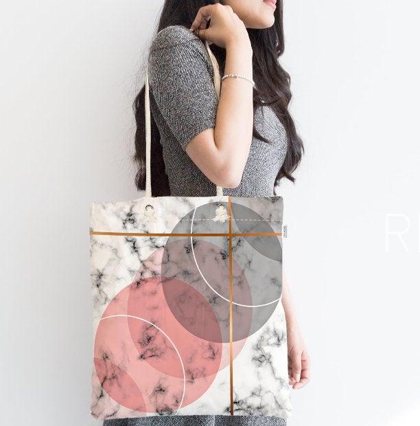 Marble Pattern Fabric Shoulder Bag|Special Geometric Design Handbag|Beach Tote Bag|Daily Shoulder Bag with Inner Pocket|Shopping Bag for Her