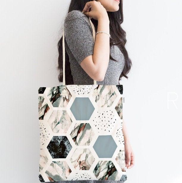 Marble Pattern Fabric Shoulder Bag|Special Geometric Design Handbag|Beach Tote Bag|Daily Shoulder Bag with Inner Pocket|Shopping Bag for Her