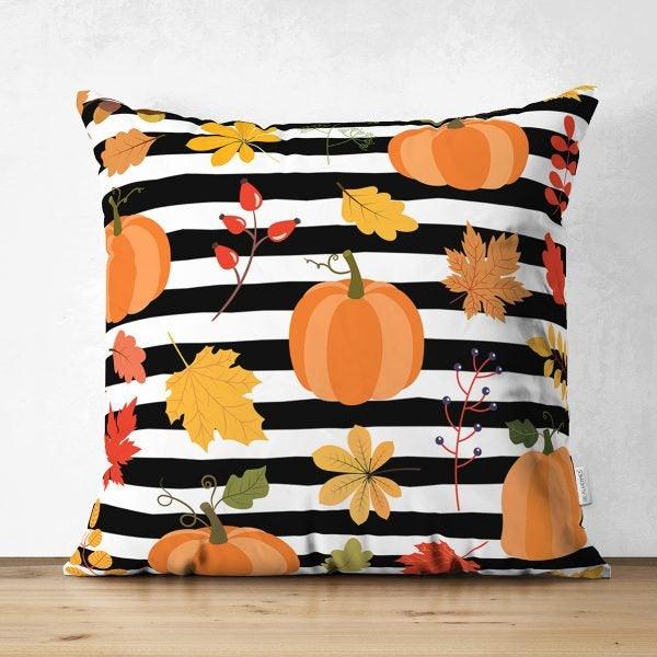 Pumpkin Pillow Case|Fall Trend Suede Cushion Case|Striped Pumpkin and Sunflower Throw Pillow|Decorative Pillow|Farmhouse Thanksgiving Pillow