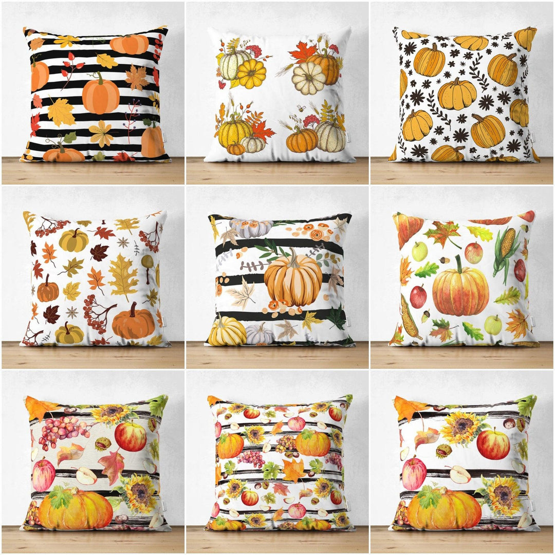 Pumpkin Pillow Case|Fall Trend Suede Cushion Case|Striped Pumpkin and Sunflower Throw Pillow|Decorative Pillow|Farmhouse Thanksgiving Pillow