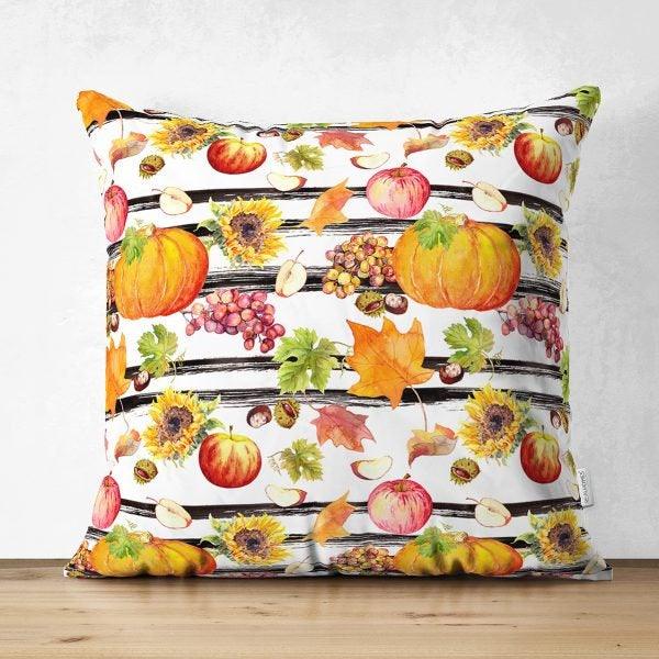 Pumpkin Pillow Case|Fall Trend Suede Cushion Case|Striped Pumpkin and Sunflower Throw Pillow|Decorative Pillow|Farmhouse Thanksgiving Pillow