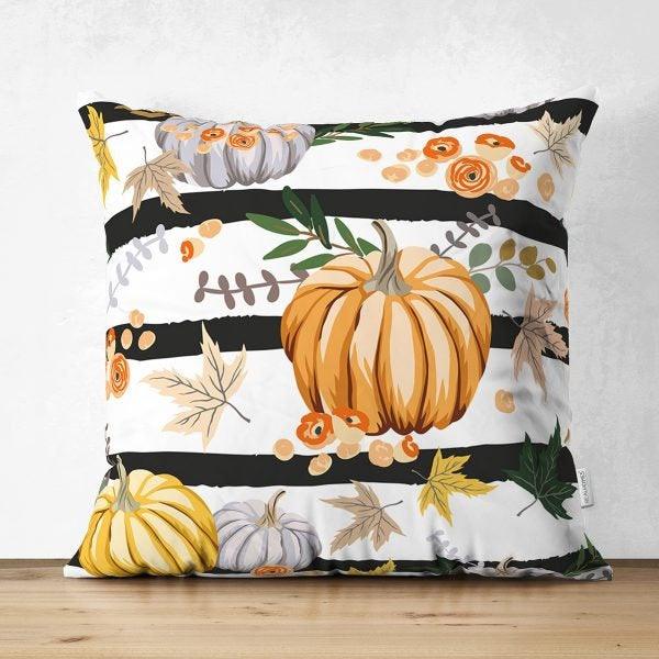 Pumpkin Pillow Case|Fall Trend Suede Cushion Case|Striped Pumpkin and Sunflower Throw Pillow|Decorative Pillow|Farmhouse Thanksgiving Pillow