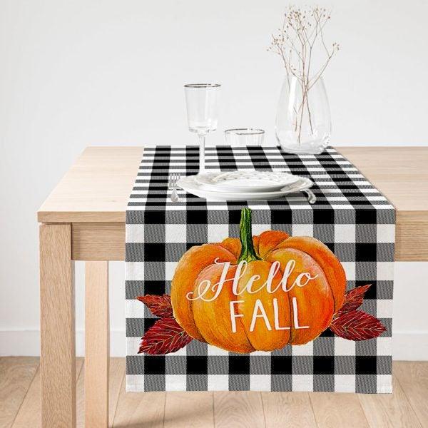 Fall Trend Table Runner|Hello Fall Pumpkin Table Runner|Checkered Autumn Home Decor|Farmhouse Sunflower Table Runner|Pumpkin Tablecloth