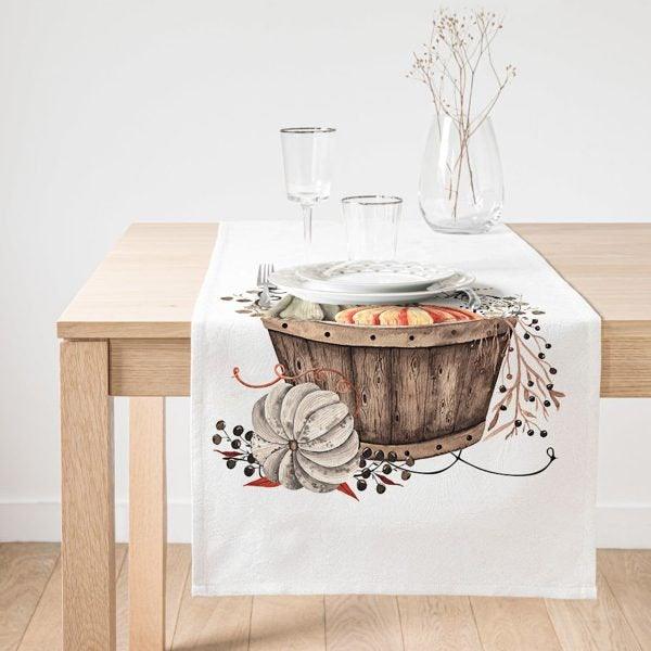 Fall Trend Table Runner|Pumpkin Wheelbarrow Table Runner|Orange and Green Pumpkin Decor|Farmhouse Table Top|Gray Pumpkin Autumn Tablecloth