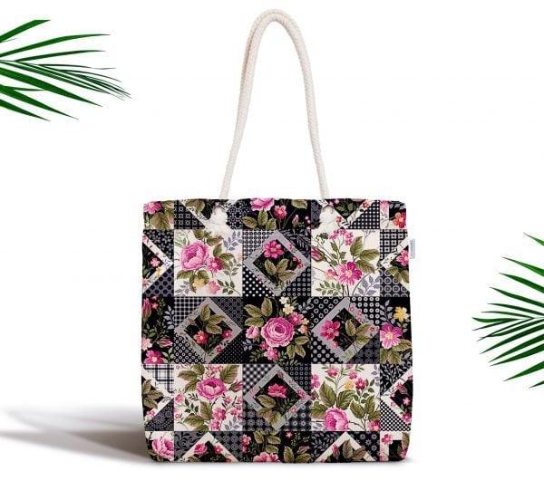 Floral Shoulder Bag|Fabric Handbag with Flower|Floral Geometric Pattern Purse|Striped Beach Tote Bag|Summer Trend Messenger Bag|Gift for Her