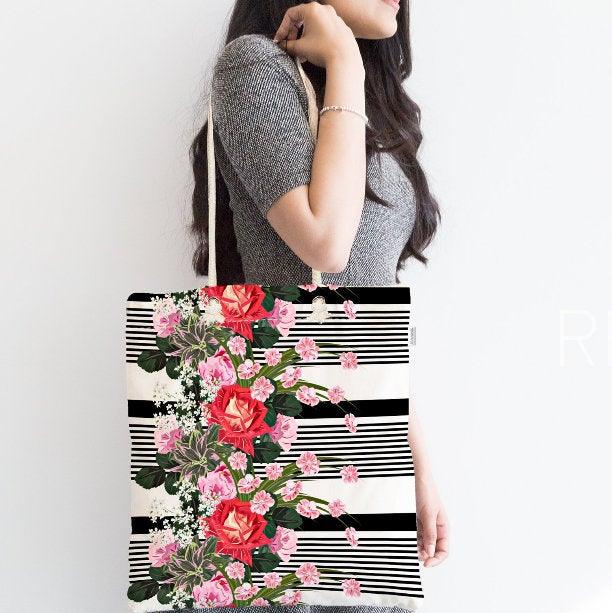 Floral Shoulder Bag|Fabric Handbag with Flower|Floral Geometric Pattern Purse|Striped Beach Tote Bag|Summer Trend Messenger Bag|Gift for Her