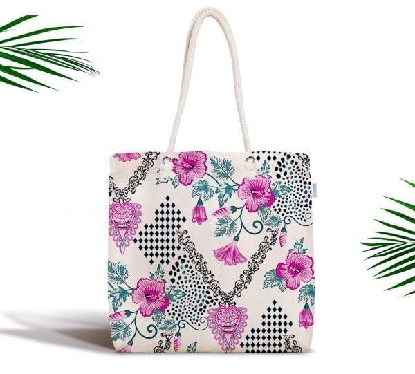 Floral Shoulder Bag|Fabric Handbag with Flower|Flower Purse with Geometric Background|Beach Tote Bag|Summer Trend Messenger Bag|Gift for Her