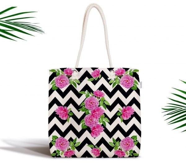 Floral Shoulder Bag|Fabric Handbag with Flower|Flower Purse with Zigzag Background|Beach Tote Bag|Summer Trend Messenger Bag|Gift for Her