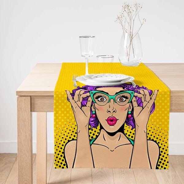 Pop Art Girl Table Runner|Decorative Table Runner|Vibrant Colors Pop Art Suede Runner|High Quality Table Decor|Vivid Colors Kitchen Decor