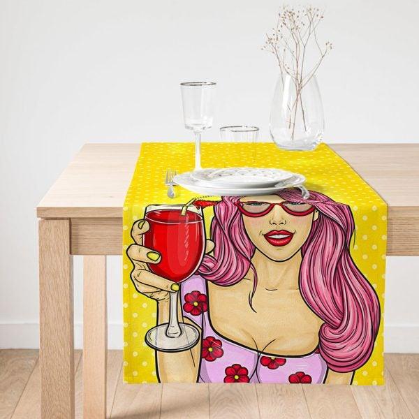 Pop Art Girl Table Runner|Decorative Table Runner|Vibrant Colors Pop Art Suede Runner|High Quality Table Decor|Vivid Colors Kitchen Decor