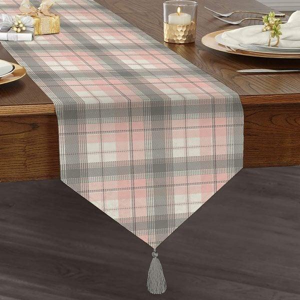 Plaid Table Runner|High Quality Triangle Chenille Table Runner|Decorative Tabletop|Tartan Pattern Table Runner|Checkered Tasseled Runner