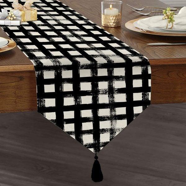 Plaid Table Runner|High Quality Triangle Chenille Table Runner|Decorative Tabletop|Tartan Pattern Table Runner|Checkered Tasseled Runner