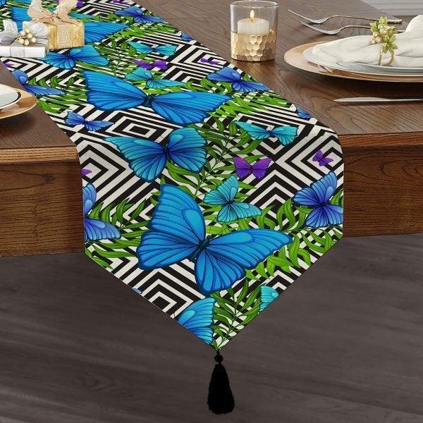 Butterfly Table Runner|High Quality Triangle Chenille Table Runner|Summer Trend Floral Butterfly Tabletop|Patterned Butterfly Print Tabletop