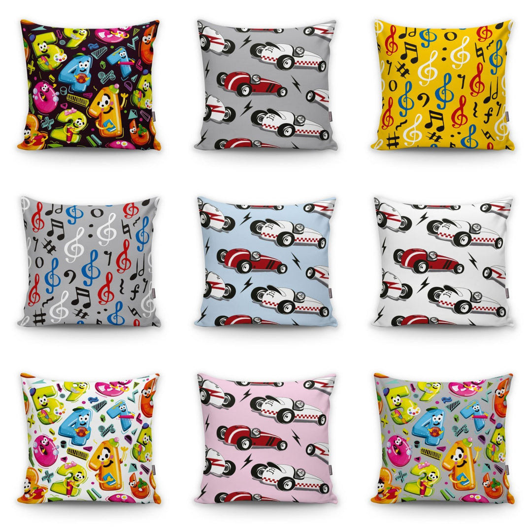 Kid Pillow Cover|Car, Number and Musical Note Cushion Case|Cartoon Inspired Pillow|Housewarming Cushion Cover|Children's Throw Pillow Case