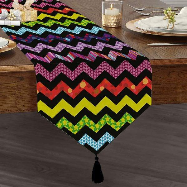 Zigzag Pattern Table Runner|High Quality Triangle Chenille Table Runner|Decorative Tabletop| Colorful Zigzag Tabletop|Zigzag Tasseled Runner