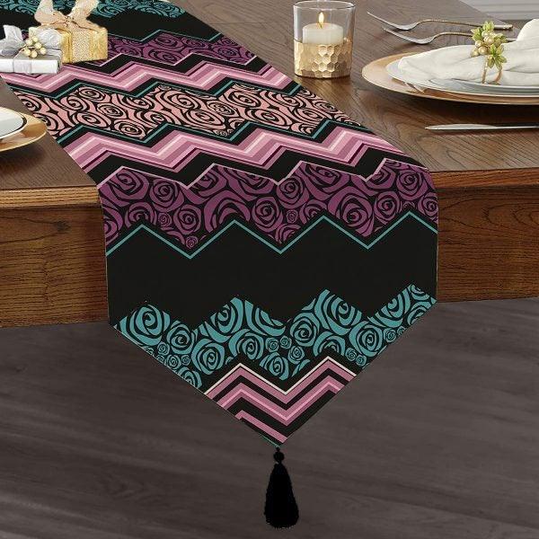 Zigzag Pattern Table Runner|High Quality Triangle Chenille Table Runner|Decorative Tabletop| Colorful Zigzag Tabletop|Zigzag Tasseled Runner