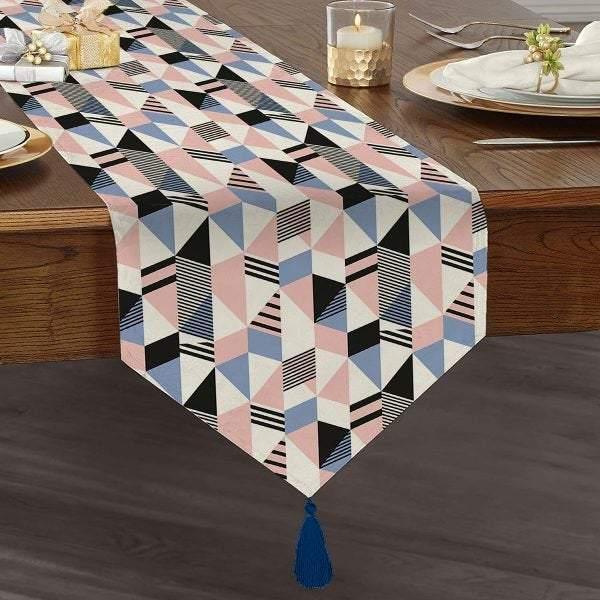 Abstract Geometric Table Runner|High Quality Triangle Chenille Tabletop|Decorative Tabletop|Psychedelic Home Decor|Modern Tasseled Runner