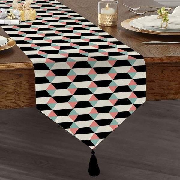 Abstract Geometric Table Runner|High Quality Triangle Chenille Tabletop|Decorative Tabletop|Psychedelic Home Decor|Modern Tasseled Runner