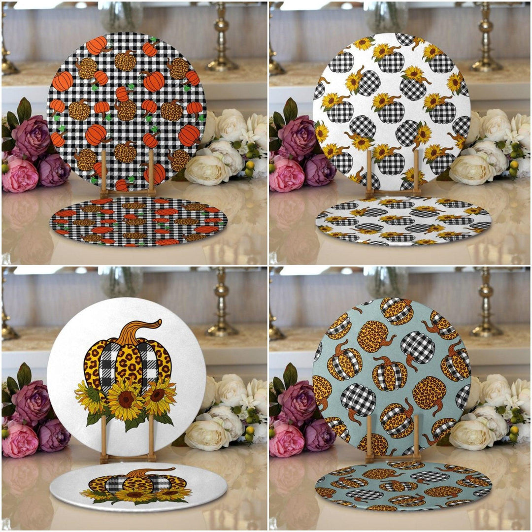 Fall Trend Placemat|Set of 2 Pumpkin Supla Table Mat|Checkered Pumpkin Round American Service Dining Underplate|Farmhouse Style Coasters