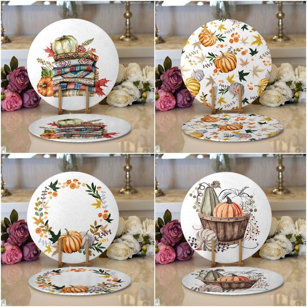 Fall Trend Placemat|Set of 2 Pumpkin Supla Table Mat|Floral Pumpkin Round American Service Dining Underplate|Farmhouse Style Autumn Coasters