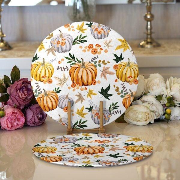 Fall Trend Placemat|Set of 2 Pumpkin Supla Table Mat|Floral Pumpkin Round American Service Dining Underplate|Farmhouse Style Autumn Coasters