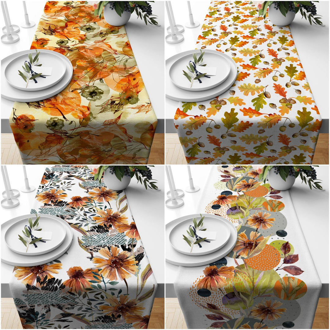 Fall Trend Table Runner|Dry Flowers and Leaves Table Runner|Autumn Home Decor|Farmhouse Style Table Top|Housewarming Fall Themed Tablecloth