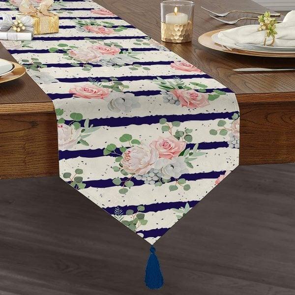 Floral Table Runner|High Quality Triangle Chenille Table Runner|Summer Trend Tabletop|Farmhouse Tabletop|Flowers on Stripes Tasseled Runner