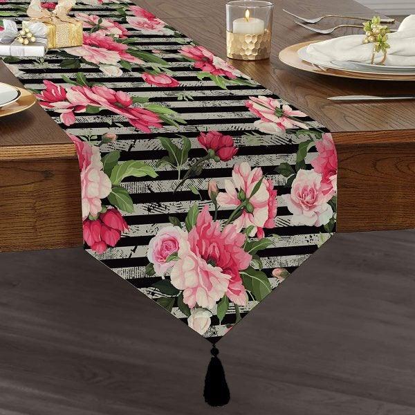 Floral Table Runner|High Quality Triangle Chenille Table Runner|Summer Trend Tabletop|Farmhouse Tabletop|Flowers on Stripes Tasseled Runner