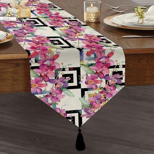 Floral Table Runner|High Quality Triangle Chenille Table Runner|Summer Trend Tabletop|Farmhouse Tabletop|Flowers on Pattern Tasseled Runner