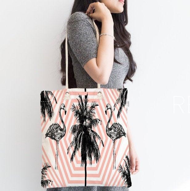 Flamingo Shoulder Bag|Gray Flamingo Fabric Handbag|Palm Tree Pineapple Flamingo Handbag|Beach Tote Bag|Boho Style Women&#39;s Purse|Shopping Bag