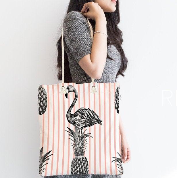 Flamingo Shoulder Bag|Gray Flamingo Fabric Handbag|Palm Tree Pineapple Flamingo Handbag|Beach Tote Bag|Boho Style Women&#39;s Purse|Shopping Bag