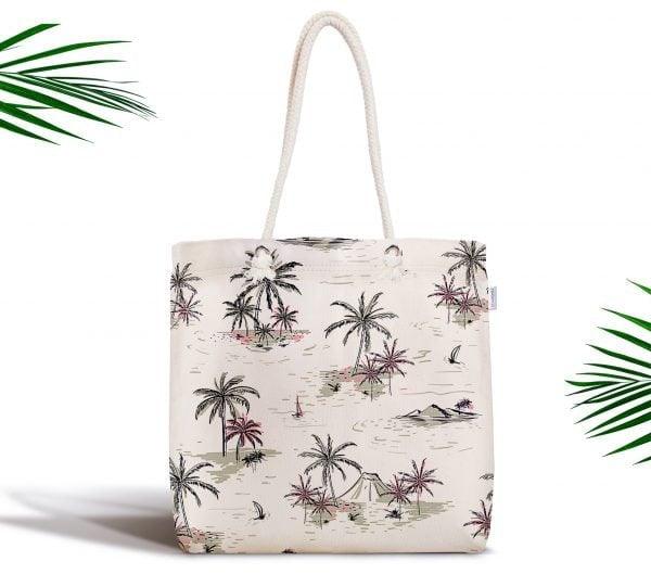 Palm Tree Shoulder Bag|Floral Fabric Handbag with Palm Tree Island and Globe|Floral Beach Tote Bag|Summer Trend Messenger Bag|Gift for Her