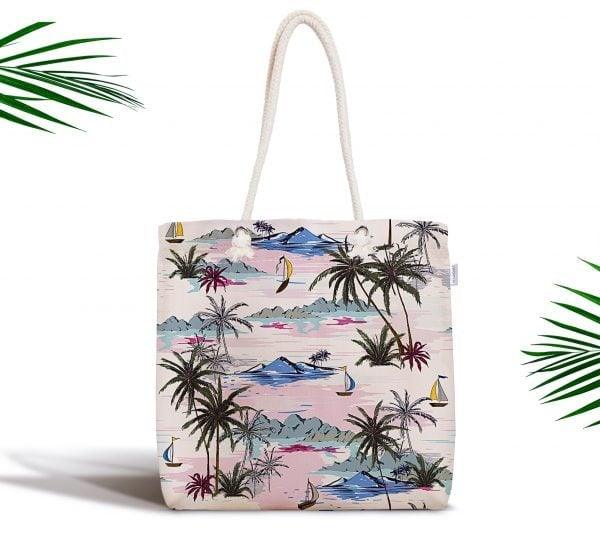 Palm Tree Shoulder Bag|Floral Fabric Handbag with Palm Tree Island and Globe|Floral Beach Tote Bag|Summer Trend Messenger Bag|Gift for Her