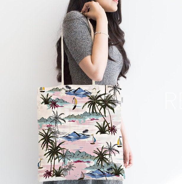 Palm Tree Shoulder Bag|Floral Fabric Handbag with Palm Tree Island and Globe|Floral Beach Tote Bag|Summer Trend Messenger Bag|Gift for Her