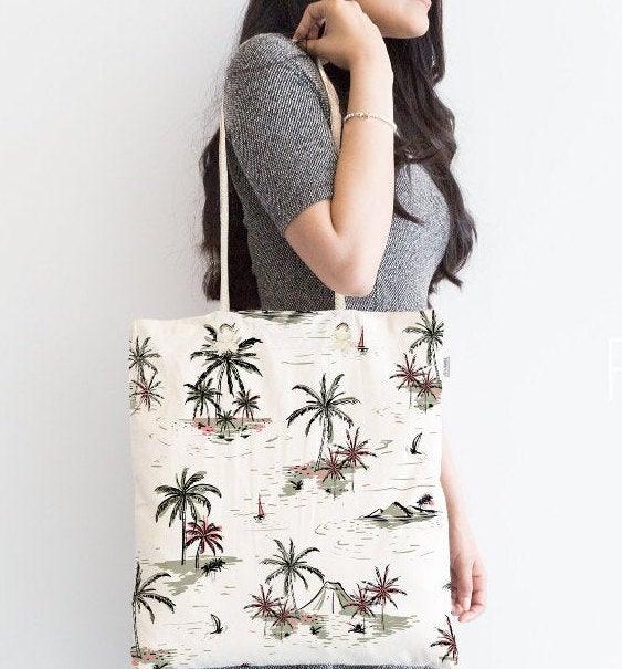 Palm Tree Shoulder Bag|Floral Fabric Handbag with Palm Tree Island and Globe|Floral Beach Tote Bag|Summer Trend Messenger Bag|Gift for Her