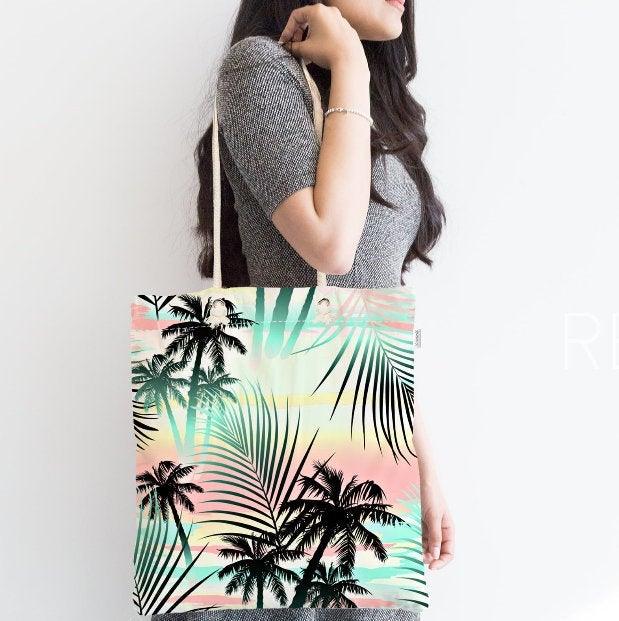 Palm Tree Shoulder Bag|Floral Fabric Handbag with Black Blue Green Palm Tree|Floral Beach Tote Bag|Summer Trend Messenger Bag|Gift for Her