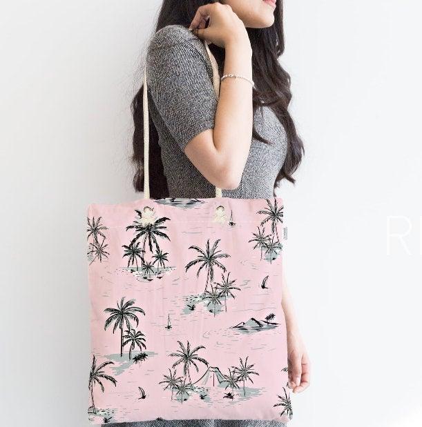 Palm Tree Shoulder Bag|Floral Fabric Handbag with Black Blue Green Palm Tree|Floral Beach Tote Bag|Summer Trend Messenger Bag|Gift for Her