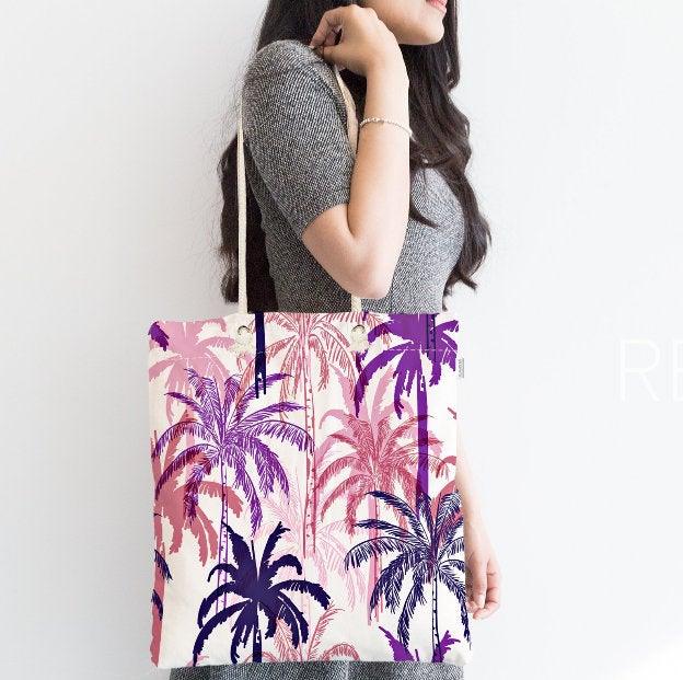 Palm Tree Shoulder Bag|Floral Fabric Handbag with Purple and Blue Palm Tree|Floral Beach Tote Bag|Summer Trend Messenger Bag|Gift for Her