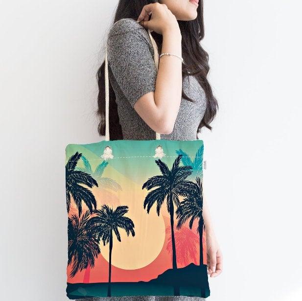 Palm Tree Shoulder Bag|Floral Fabric Handbag with Green and Purple Palm Tree|Floral Beach Tote Bag|Summer Trend Messenger Bag|Gift for Her