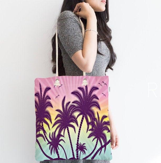 Palm Tree Shoulder Bag|Floral Fabric Handbag with Green and Purple Palm Tree|Floral Beach Tote Bag|Summer Trend Messenger Bag|Gift for Her