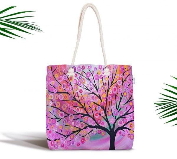 Tree Shoulder Bag|Floral Fabric Handbag with Turquoise Gray Green Pink Tree|Floral Beach Tote Bag|Summer Trend Messenger Bag|Gift for Her