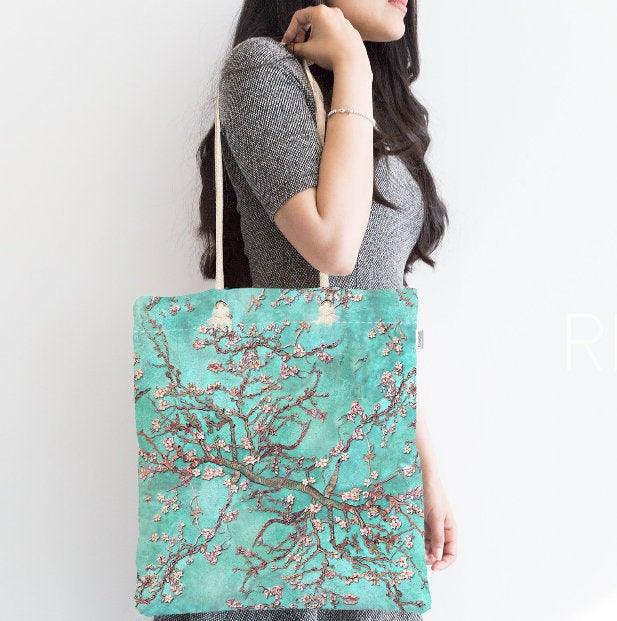 Tree Shoulder Bag|Floral Fabric Handbag with Turquoise Gray Green Pink Tree|Floral Beach Tote Bag|Summer Trend Messenger Bag|Gift for Her