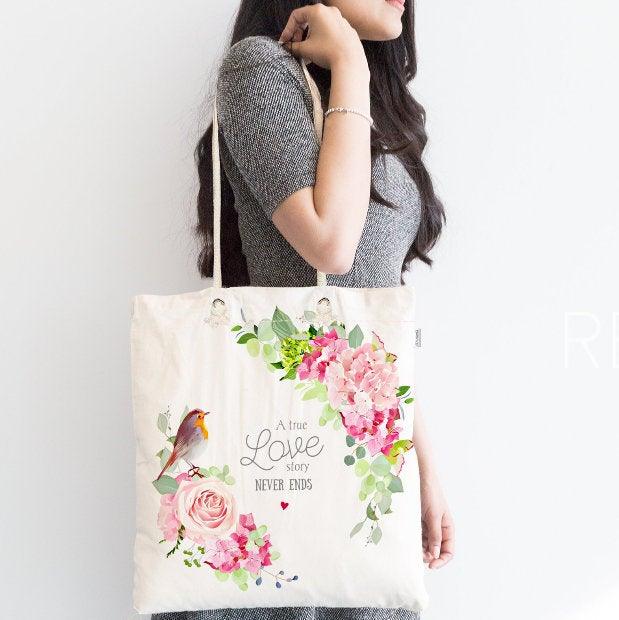 Floral Shoulder Bag|Fabric Handbag with Flowers|Boho Handbag|Rose Beach Tote Bag|Summer Trend Rosy Gift for Her|Floral Bird Messenger Bag