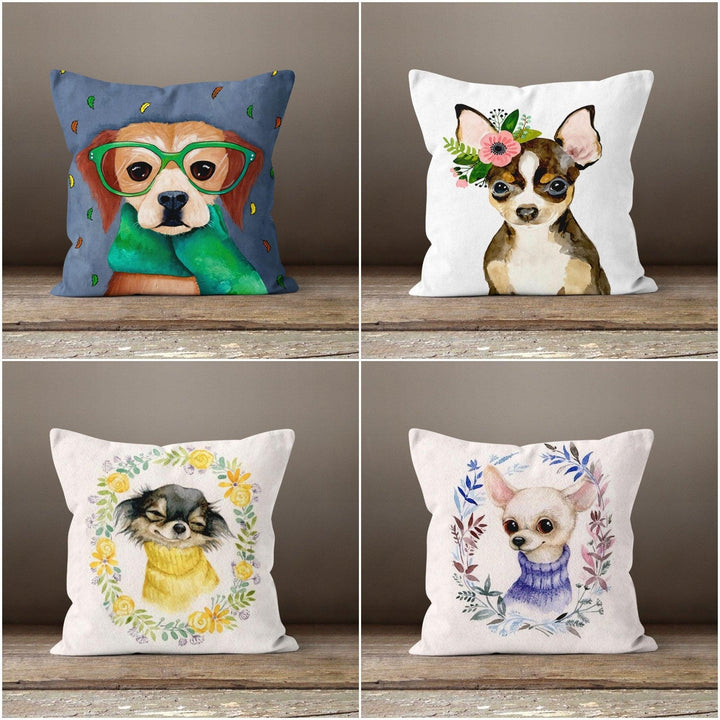 Cute Dogs Pillow Cover|Decorative Cushion Case|Dog With Glasses Home Decor|Dogs and Flowers Pillow Case|Animal Print Farmhouse Pillow Case