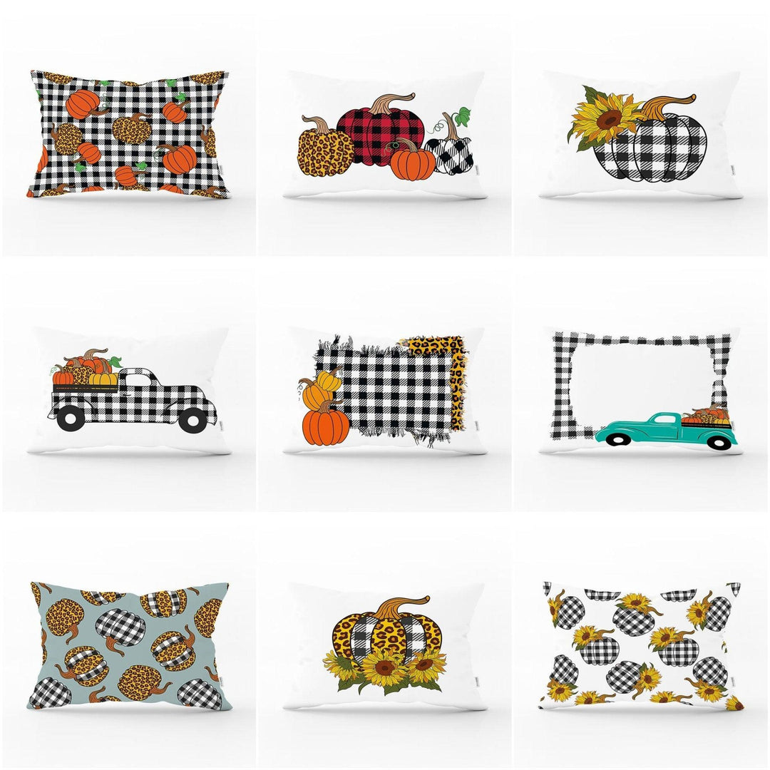 Fall Trend Pillow Cover|Rectangle Pumpkin Cushion Case|Checkered Orange Red Yellow Pumpkin Throw Pillow|Farmhouse Style Thanksgiving Cushion