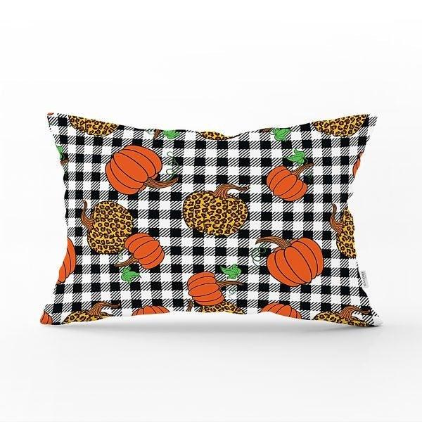 Fall Trend Pillow Cover|Rectangle Pumpkin Cushion Case|Checkered Orange Red Yellow Pumpkin Throw Pillow|Farmhouse Style Thanksgiving Cushion