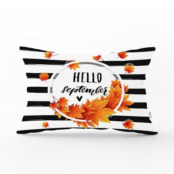 Fall Trend Pillow Cover|Rectangle Dry Leaves Cushion Case|Decorative Striped Autumn Throw Pillow|Farmhouse Style Hello September Cushion