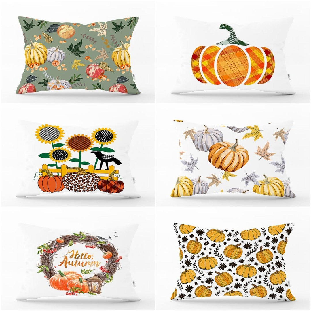 Fall Trend Pillow Cover|Rectangle Pumpkin Cushion Case|Yellow Orange Gray Pumpkin Throw Pillow|Farmhouse Style Thanksgiving Cushion Case