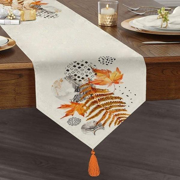 Fall Trend Table Runner|High Quality Triangle Chenille Table Runner|Gold Leaves Tabletop|Farmhouse Tabletop|Leaves Drawings Tasseled Runner